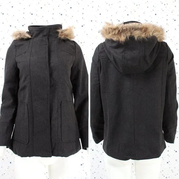 Charcoal Faux Fur Hooded Wool Blend Coat Jacket - Picture 1 of 9